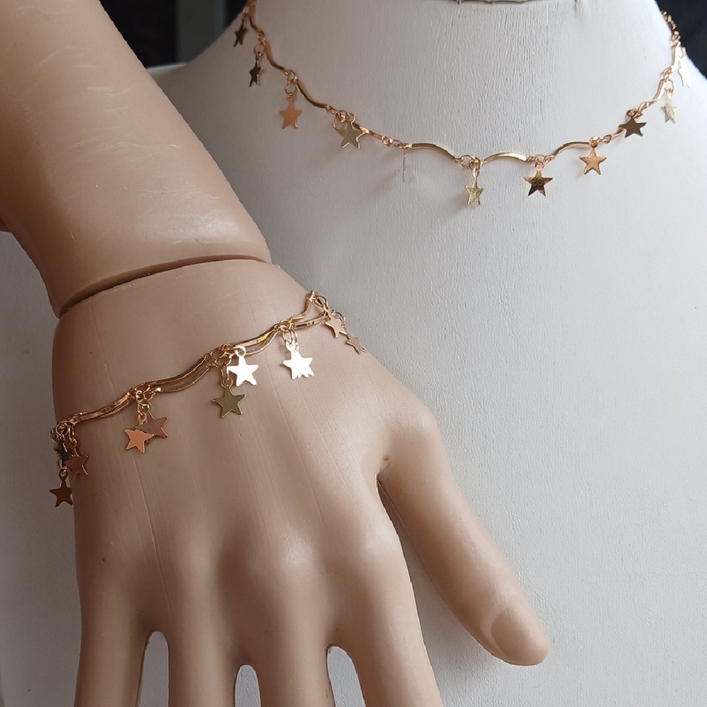 Paparazzi Gold Star Charm Necklace And Bracelet Elegant Jewelry Choker Set